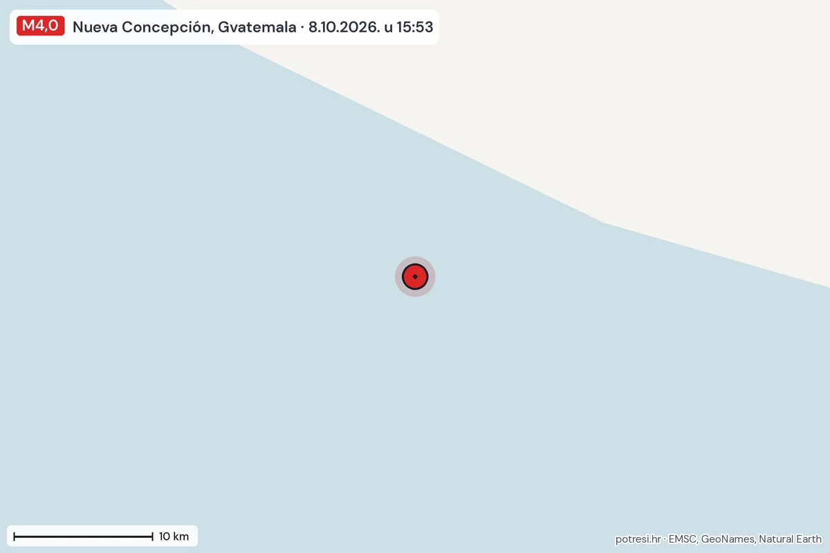 Karta: okolica epicentra, 60 km, potres M4,0, Nueva Concepción, Gvatemala, 8.10.2026.