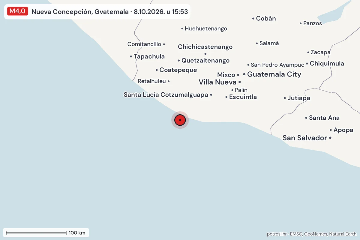 Karta: šire područje, 600 km, potres M4,0, Nueva Concepción, Gvatemala, 8.10.2026.