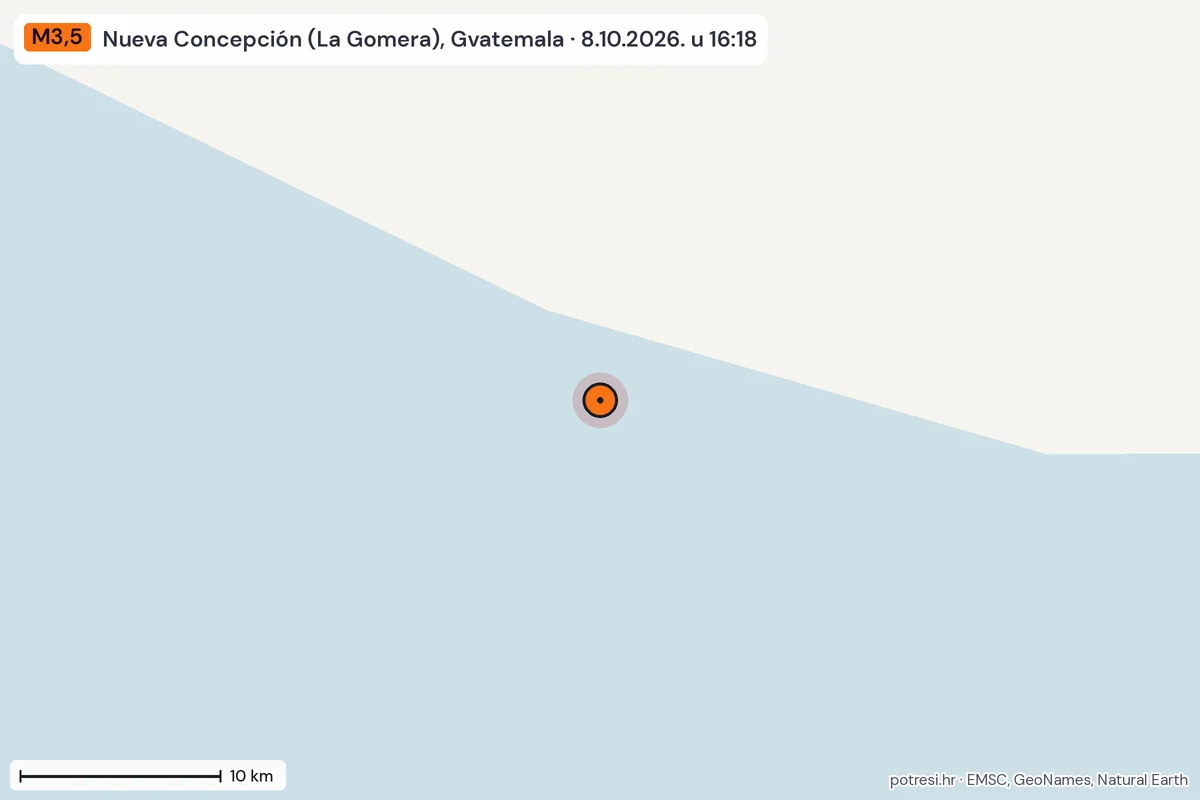 Karta: okolica epicentra, 60 km, potres M3,5, Nueva Concepción (La Gomera), Gvatemala, 8.10.2026.
