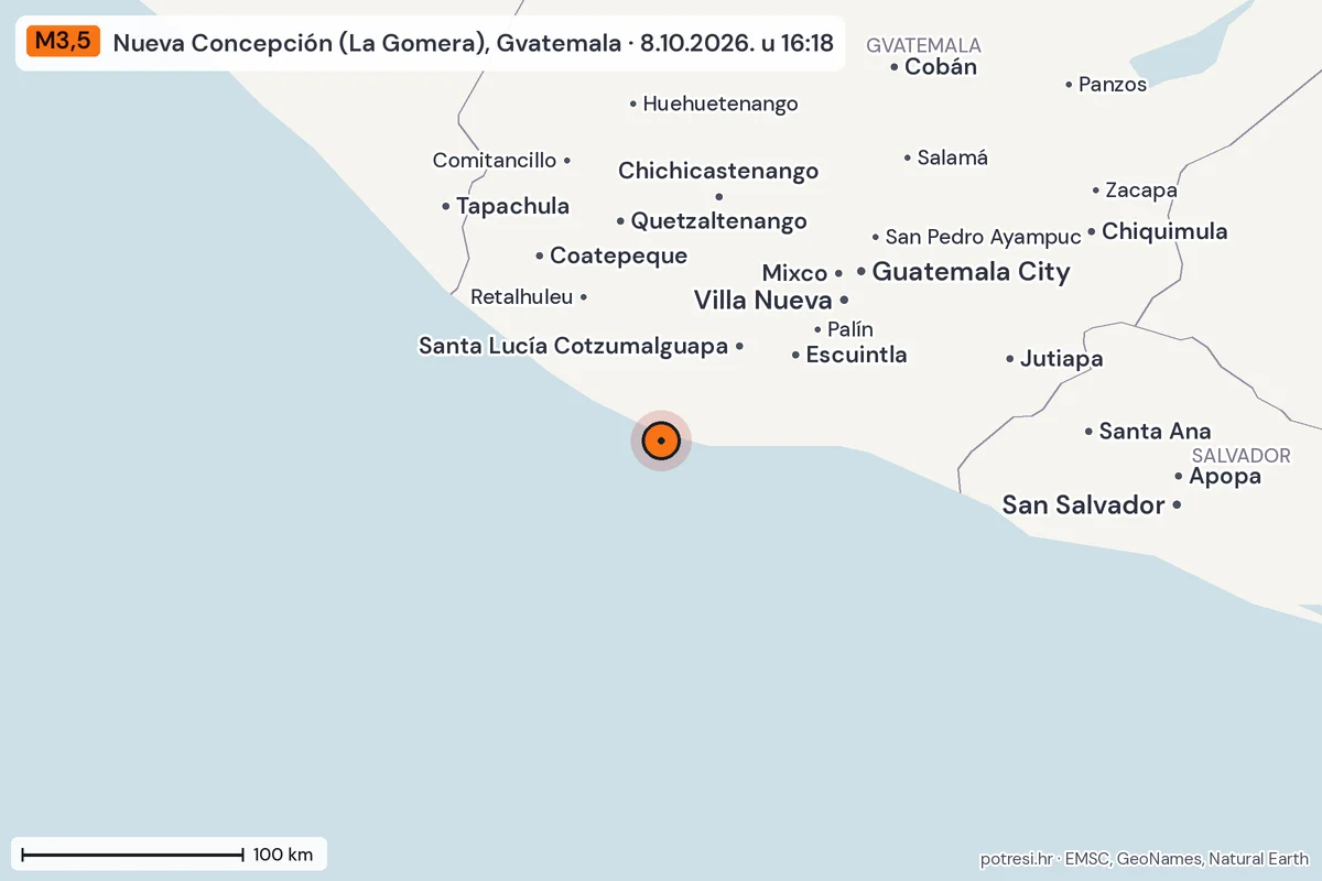 Karta: šire područje, 600 km, potres M3,5, Nueva Concepción (La Gomera), Gvatemala, 8.10.2026.