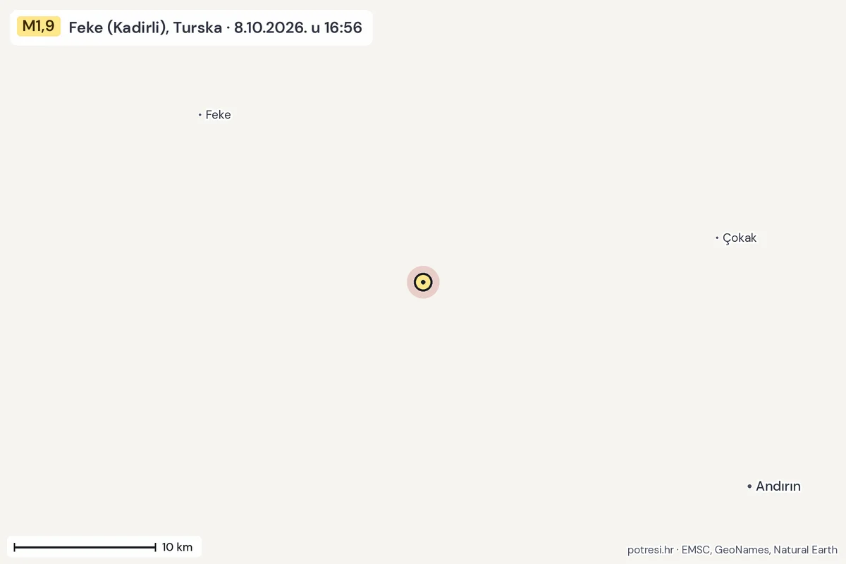 Karta: okolica epicentra, 60 km, potres M1,9, Feke (Kadirli), Turska, 8.10.2026.
