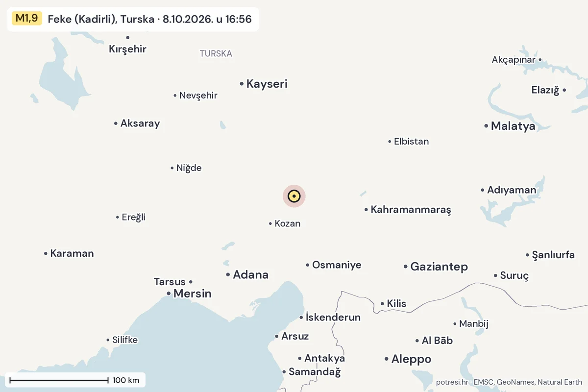 Karta: šire područje, 600 km, potres M1,9, Feke (Kadirli), Turska, 8.10.2026.