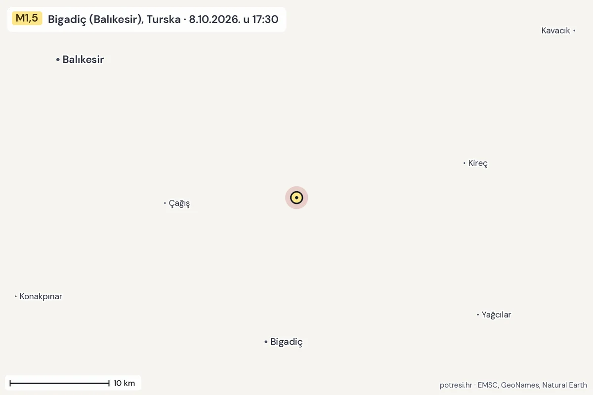 Karta: okolica epicentra, 60 km, potres M1,5, Bigadiç (Balıkesir), Turska, 8.10.2026.
