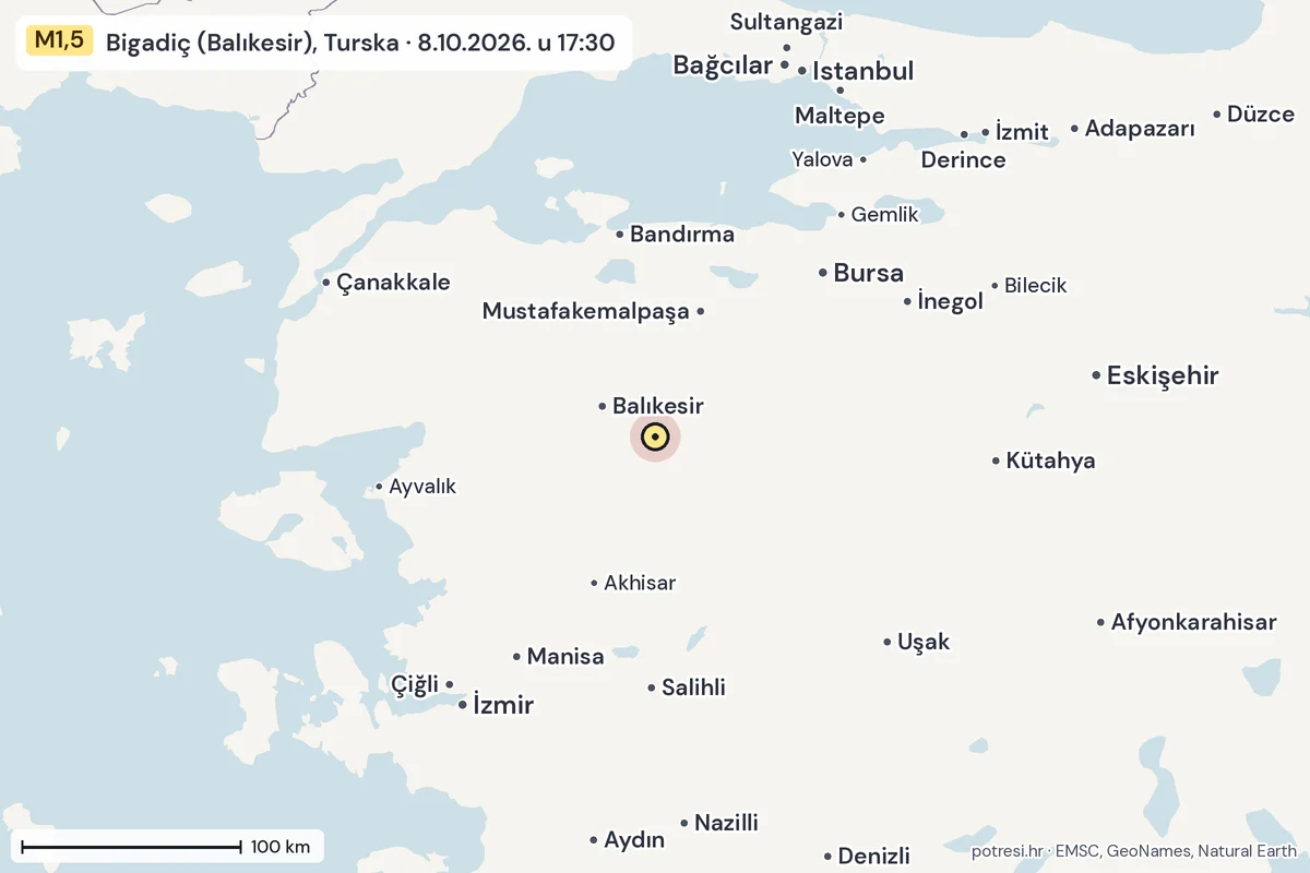Karta: šire područje, 600 km, potres M1,5, Bigadiç (Balıkesir), Turska, 8.10.2026.