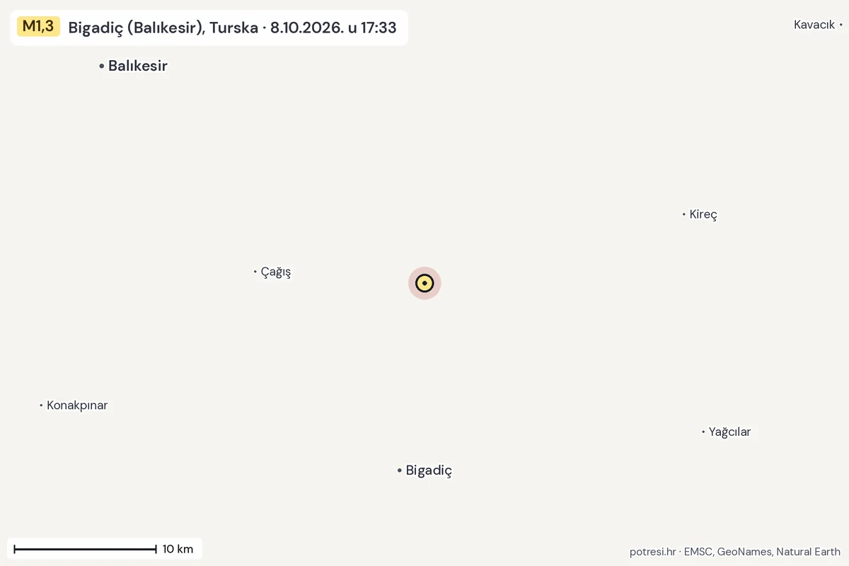 Karta: okolica epicentra, 60 km, potres M1,3, Bigadiç (Balıkesir), Turska, 8.10.2026.