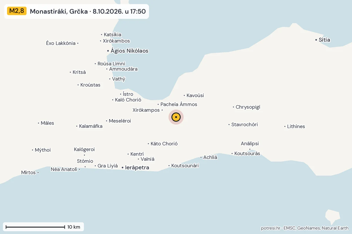Karta: okolica epicentra, 60 km, potres M2,8, Monastiráki, Grčka, 8.10.2026.