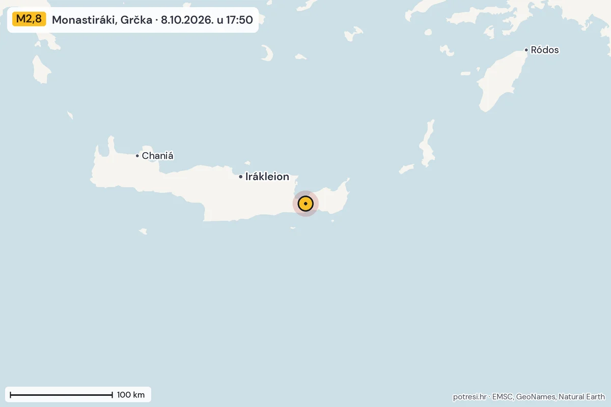 Karta: šire područje, 600 km, potres M2,8, Monastiráki, Grčka, 8.10.2026.