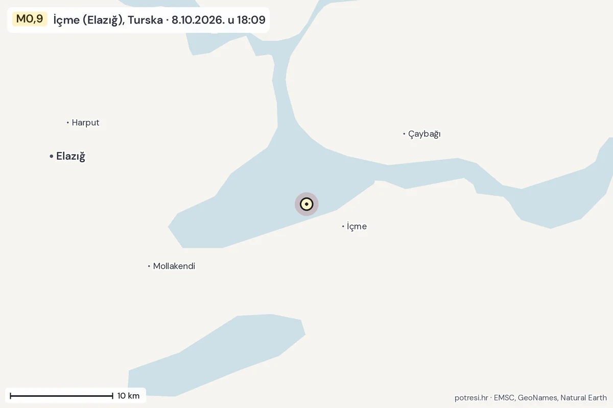 Karta: okolica epicentra, 60 km, potres M0,9, İçme (Elazığ), Turska, 8.10.2026.