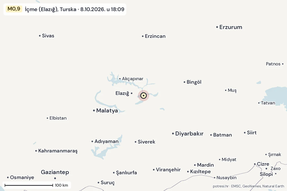 Karta: šire područje, 600 km, potres M0,9, İçme (Elazığ), Turska, 8.10.2026.