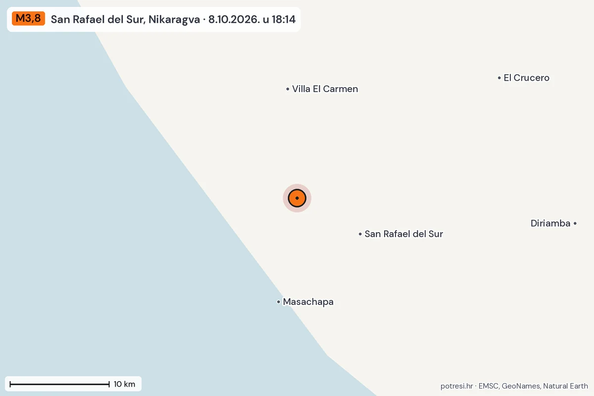 Karta: okolica epicentra, 60 km, potres M3,8, San Rafael del Sur, Nikaragva, 8.10.2026.