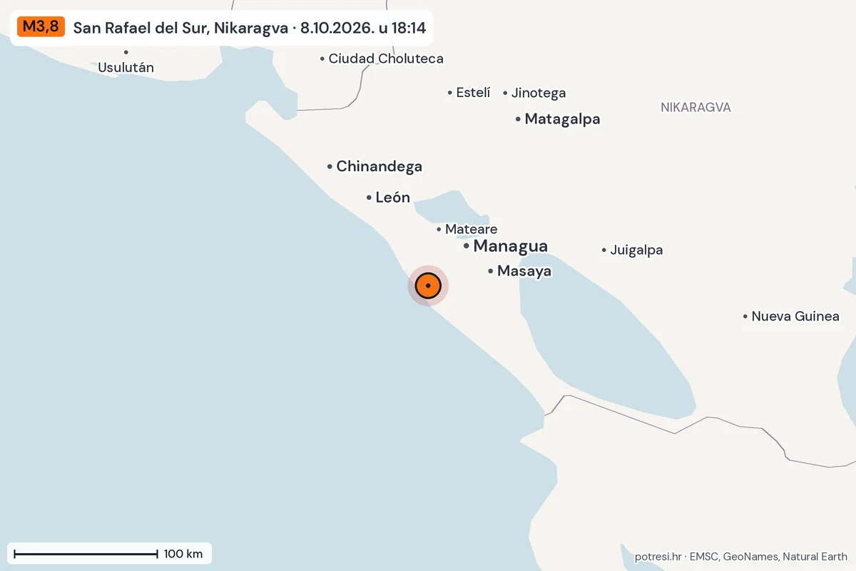 Karta: šire područje, 600 km, potres M3,8, San Rafael del Sur, Nikaragva, 8.10.2026.