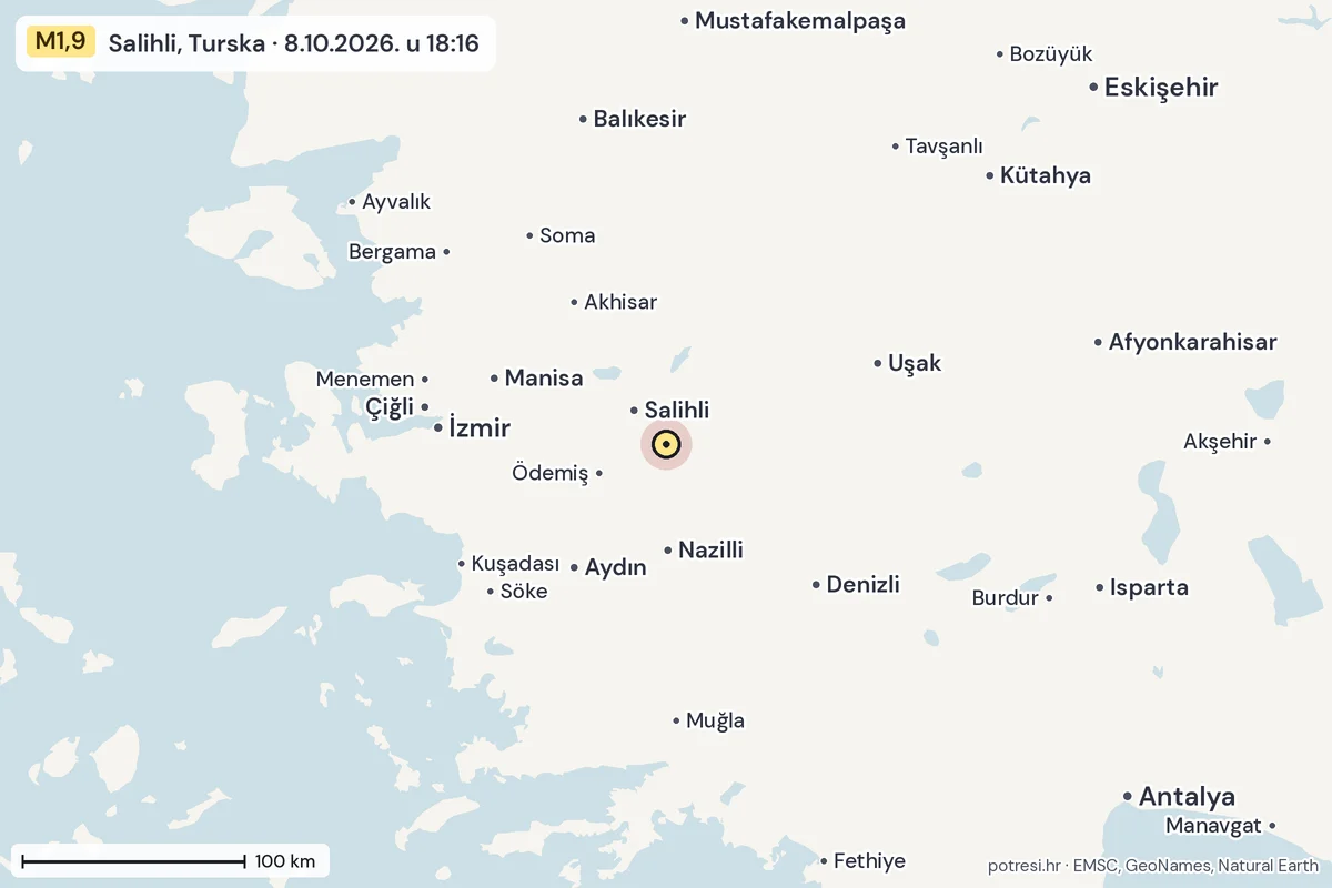 Karta: šire područje, 600 km, potres M1,9, Salihli, Turska, 8.10.2026.