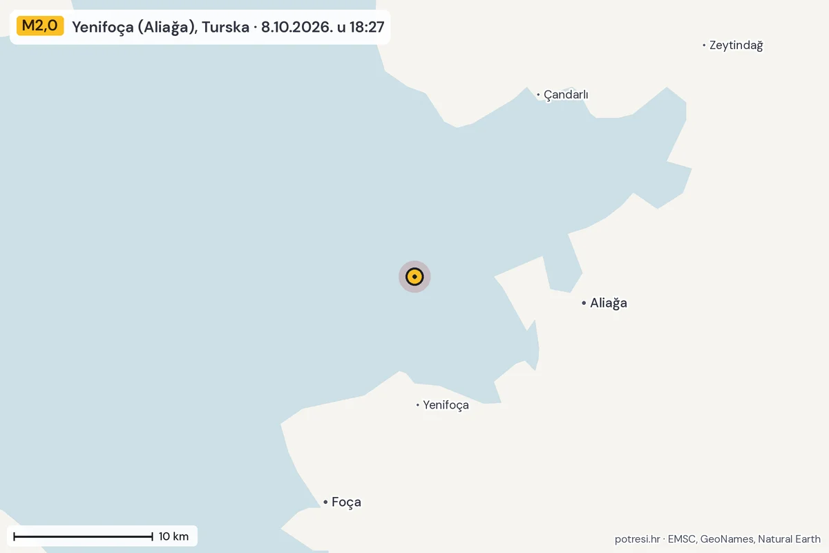 Karta: okolica epicentra, 60 km, potres M2,0, Yenifoça (Aliağa), Turska, 8.10.2026.