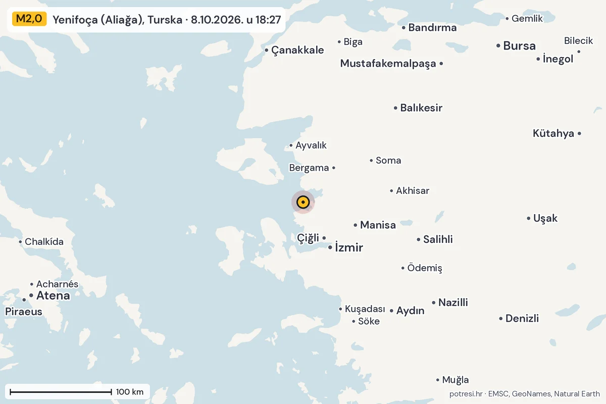 Karta: šire područje, 600 km, potres M2,0, Yenifoça (Aliağa), Turska, 8.10.2026.