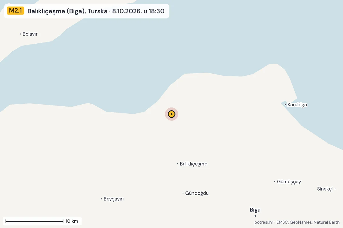 Karta: okolica epicentra, 60 km, potres M2,1, Balıklıçeşme (Biga), Turska, 8.10.2026.