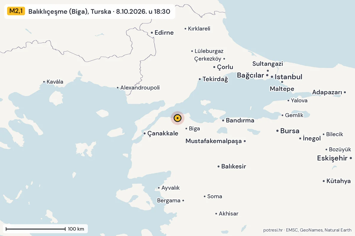 Karta: šire područje, 600 km, potres M2,1, Balıklıçeşme (Biga), Turska, 8.10.2026.