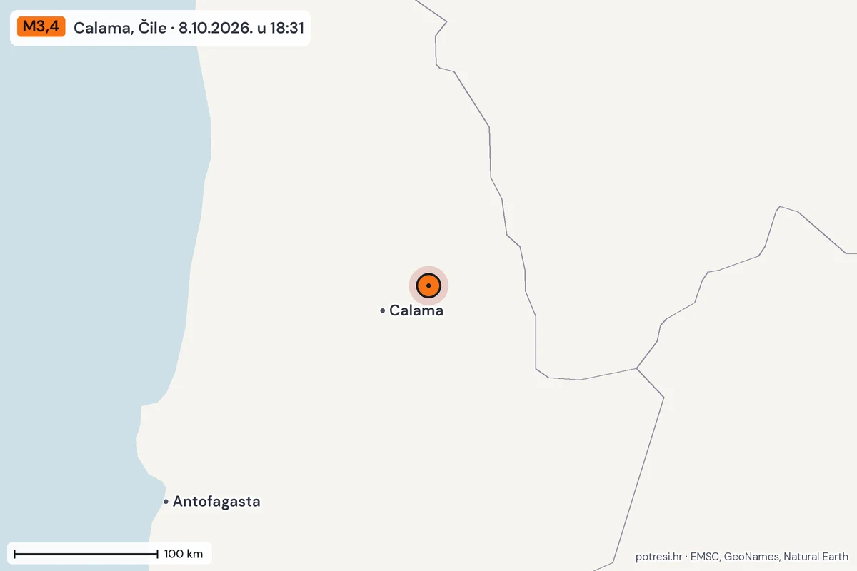 Karta: šire područje, 600 km, potres M3,4, Calama, Čile, 8.10.2026.