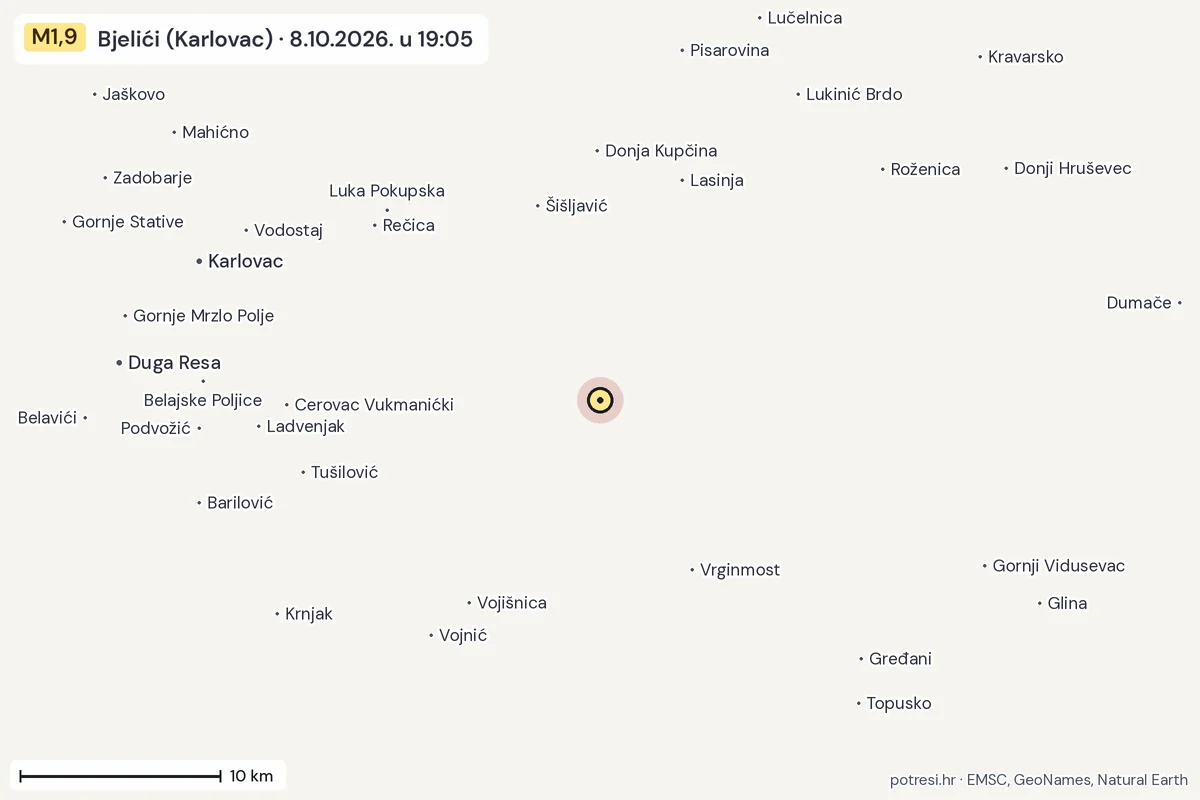 Karta: okolica epicentra, 60 km, potres M1,9, Bjelići (Karlovac), 8.10.2026.