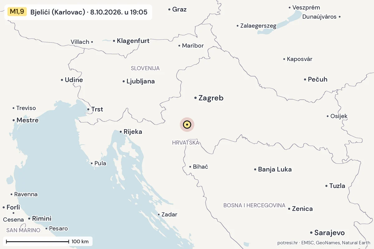 Karta: šire područje, 600 km, potres M1,9, Bjelići (Karlovac), 8.10.2026.