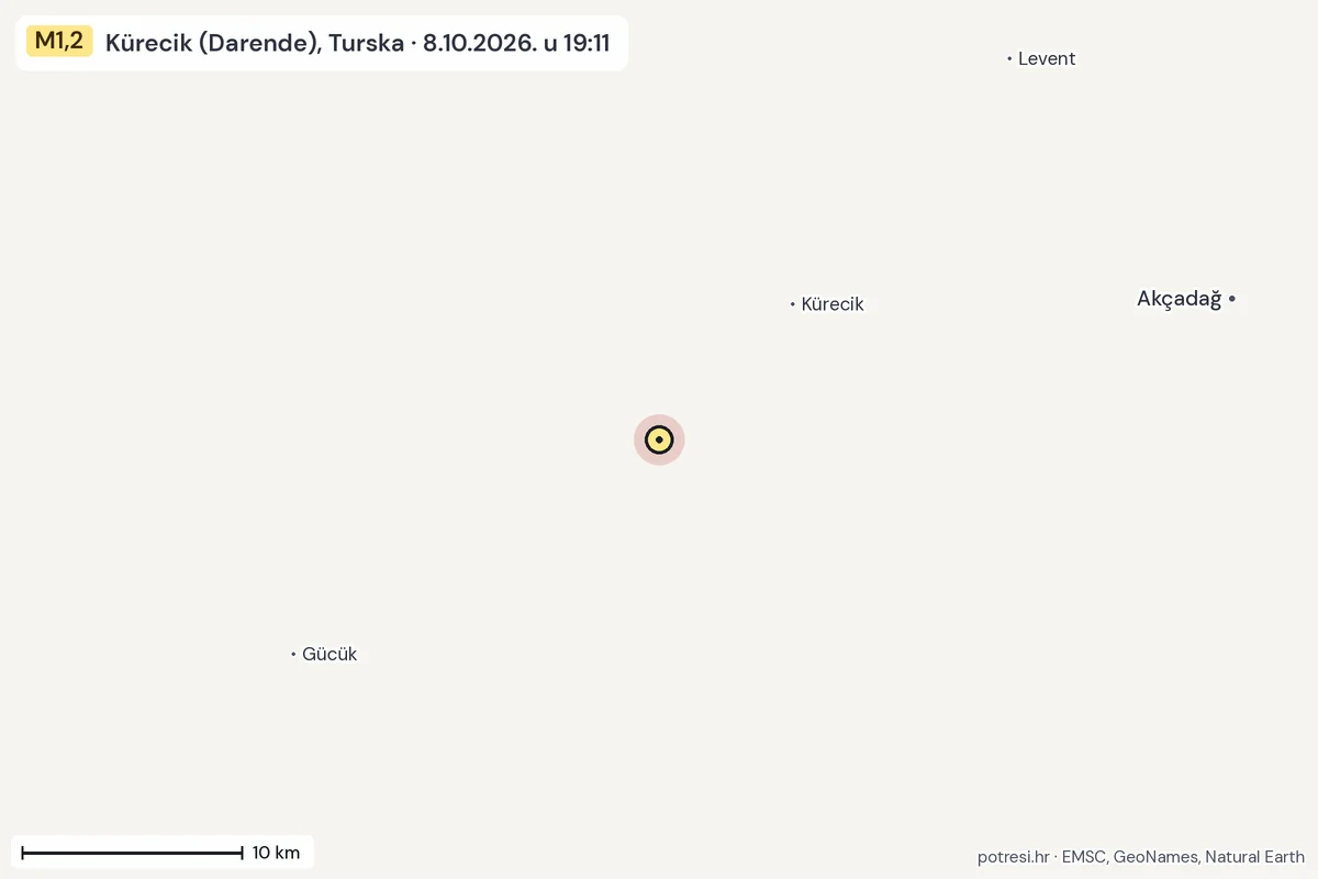 Karta: okolica epicentra, 60 km, potres M1,2, Kürecik (Darende), Turska, 8.10.2026.