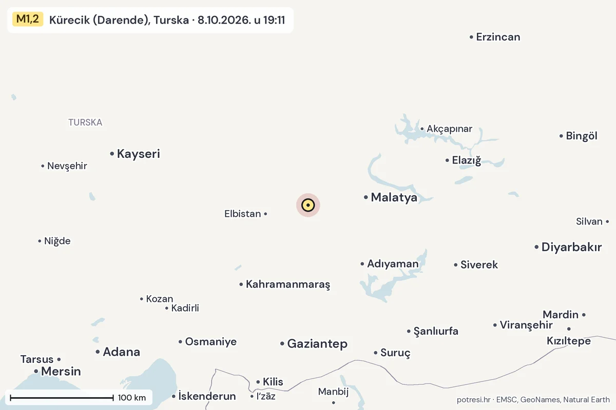 Karta: šire područje, 600 km, potres M1,2, Kürecik (Darende), Turska, 8.10.2026.