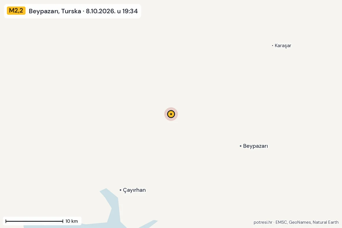Karta: okolica epicentra, 60 km, potres M2,2, Beypazarı, Turska, 8.10.2026.
