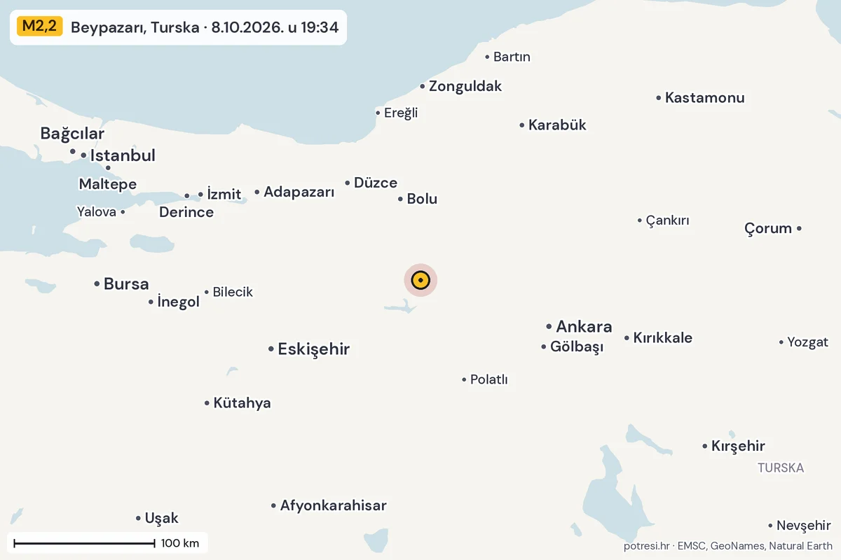 Karta: šire područje, 600 km, potres M2,2, Beypazarı, Turska, 8.10.2026.