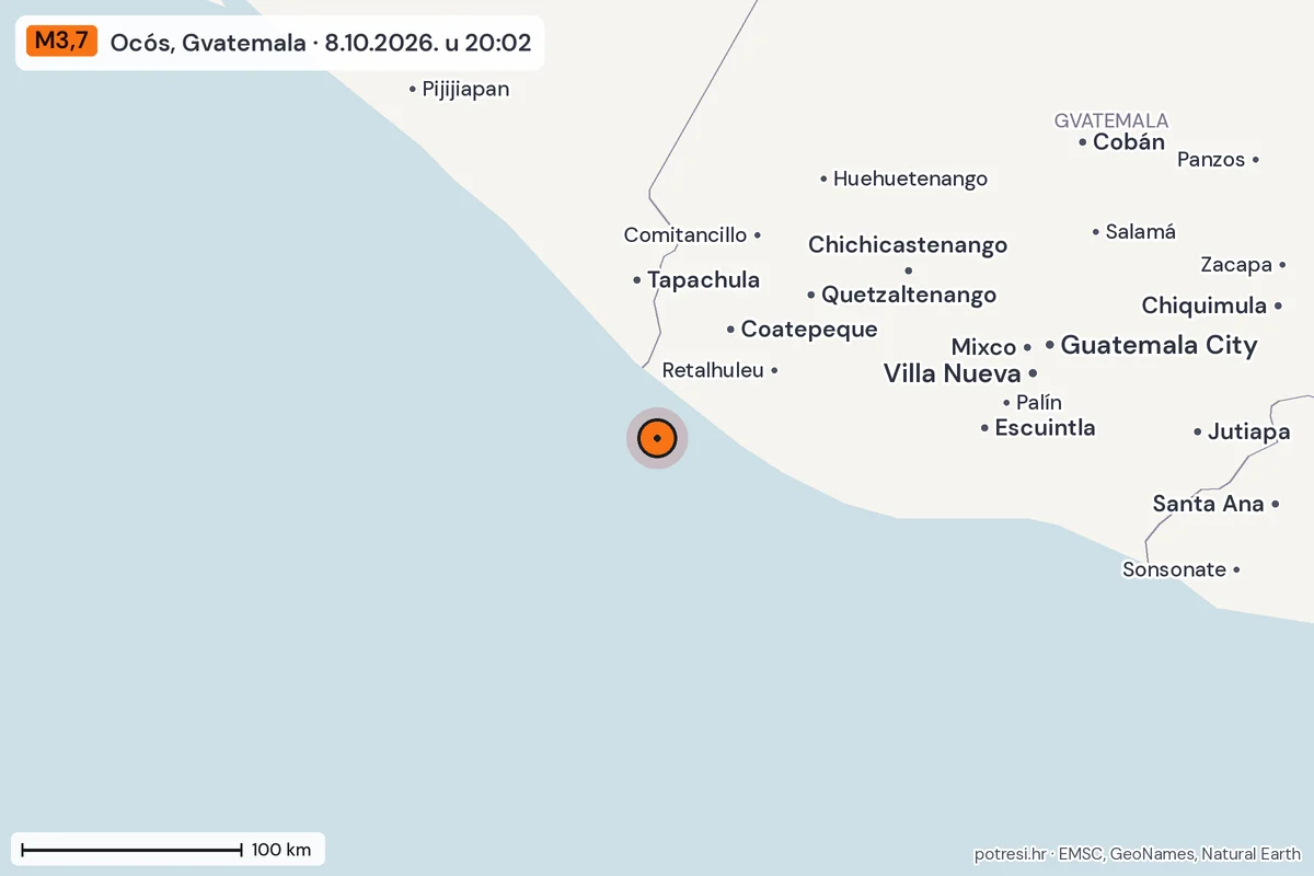 Karta: šire područje, 600 km, potres M3,7, Ocós, Gvatemala, 8.10.2026.