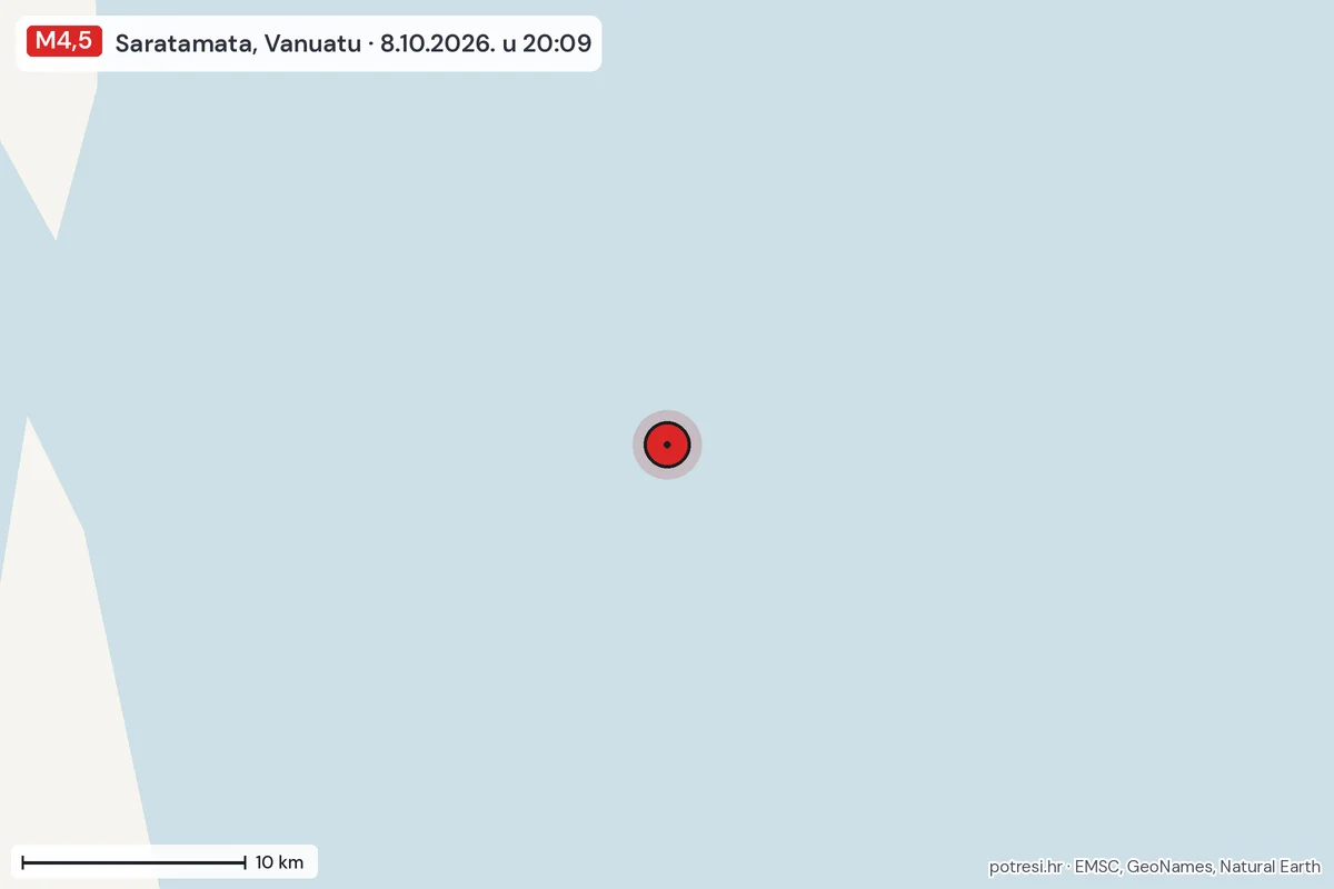 Karta: okolica epicentra, 60 km, potres M4,5, Saratamata, Vanuatu, 8.10.2026.