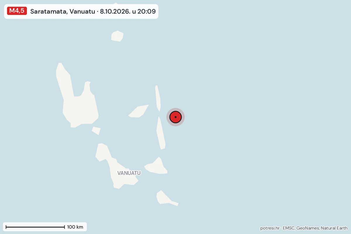 Karta: šire područje, 600 km, potres M4,5, Saratamata, Vanuatu, 8.10.2026.