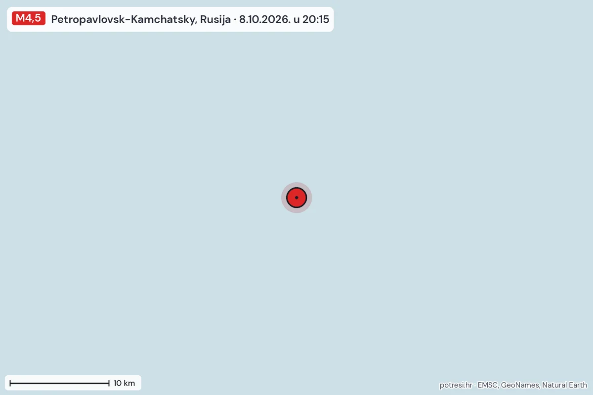 Karta: okolica epicentra, 60 km, potres M4,5, Petropavlovsk-Kamchatsky, Rusija, 8.10.2026.