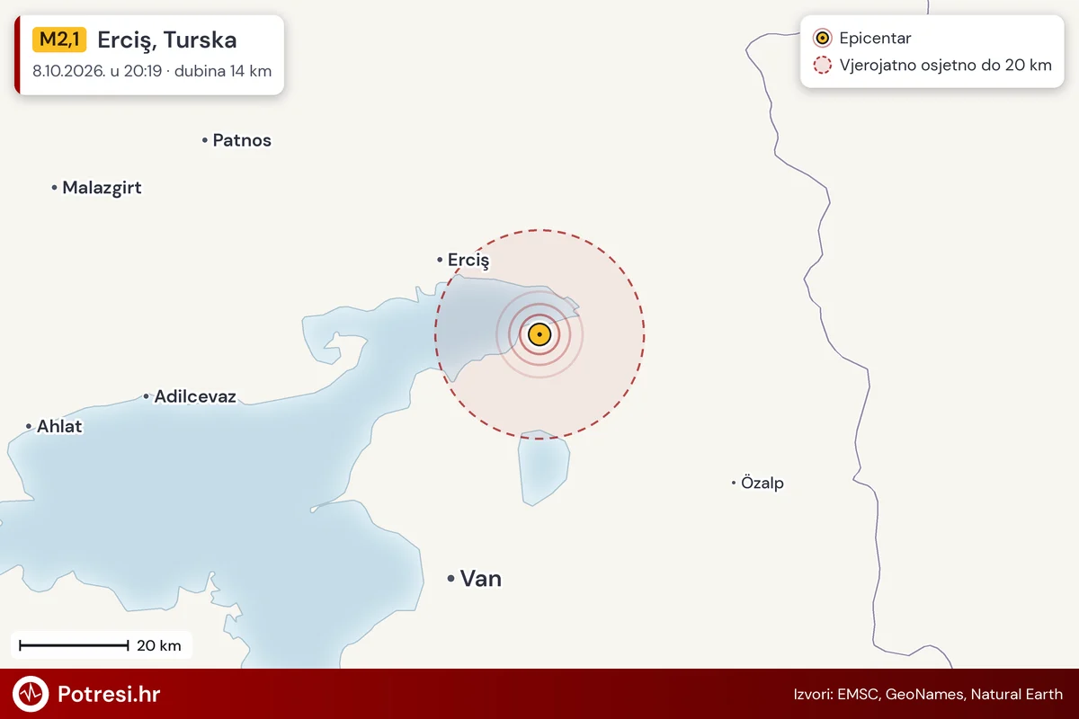 Karta: šire područje i vjerojatni doseg osjeta, potres M2,1, Erciş, Turska, 8.10.2026.