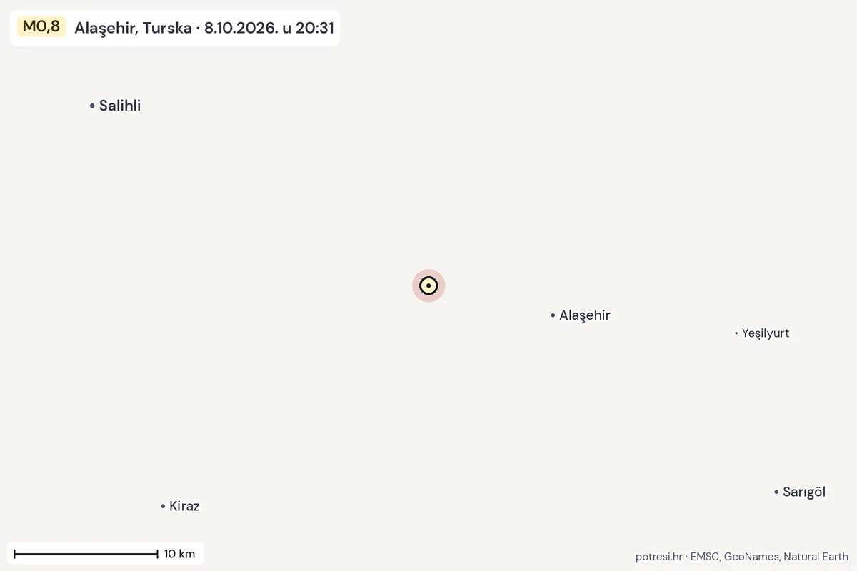 Karta: okolica epicentra, 60 km, potres M0,8, Alaşehir, Turska, 8.10.2026.