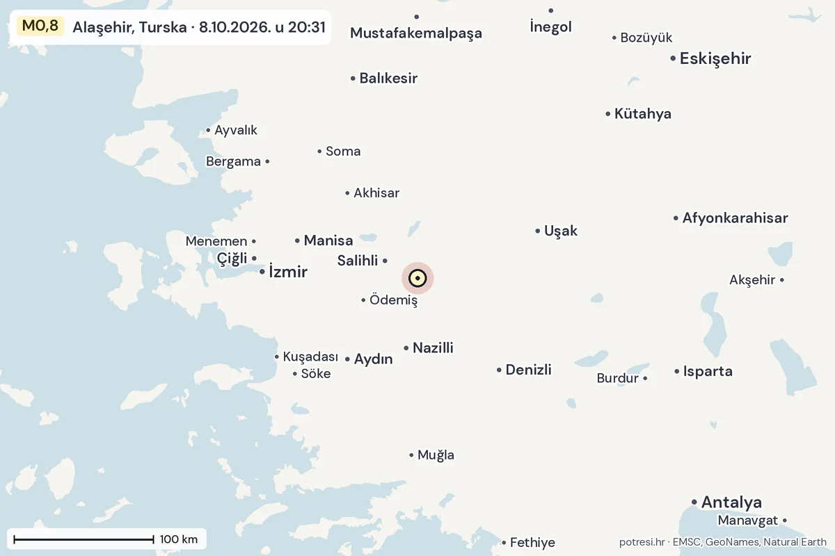 Karta: šire područje, 600 km, potres M0,8, Alaşehir, Turska, 8.10.2026.