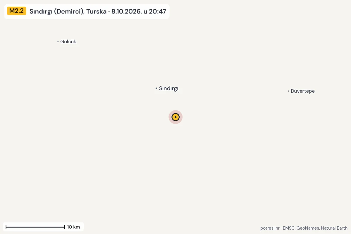 Karta: okolica epicentra, 60 km, potres M2,2, Sındırgı (Demirci), Turska, 8.10.2026.