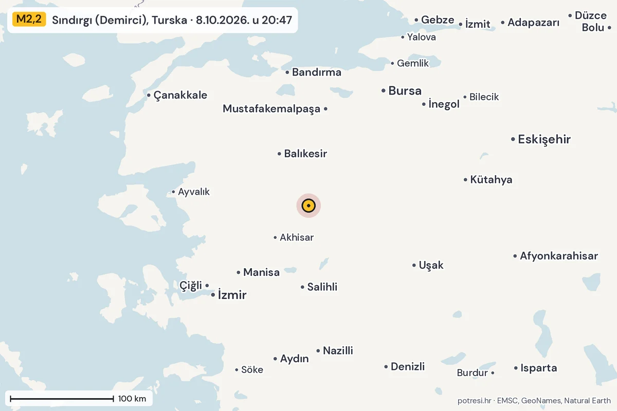 Karta: šire područje, 600 km, potres M2,2, Sındırgı (Demirci), Turska, 8.10.2026.