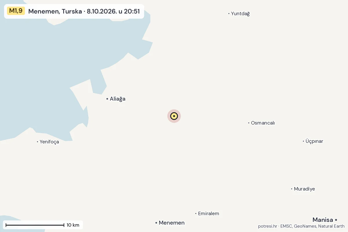 Karta: okolica epicentra, 60 km, potres M1,9, Menemen, Turska, 8.10.2026.