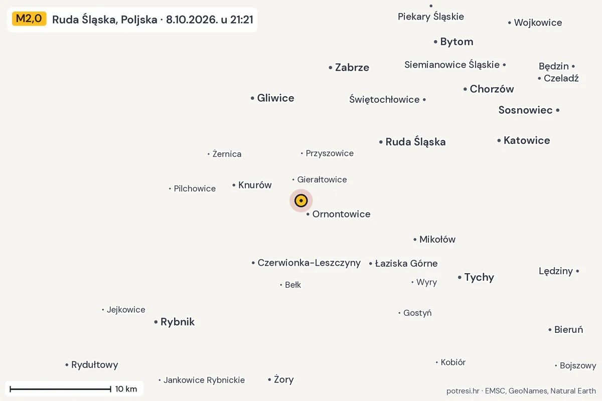Karta: okolica epicentra, 60 km, potres M2,0, Ruda Śląska, Poljska, 8.10.2026.