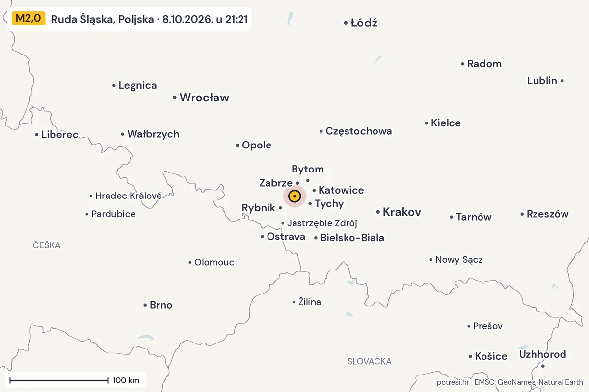 Karta: šire područje, 600 km, potres M2,0, Ruda Śląska, Poljska, 8.10.2026.