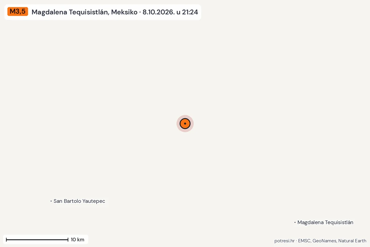 Karta: okolica epicentra, 60 km, potres M3,5, Magdalena Tequisistlán, Meksiko, 8.10.2026.
