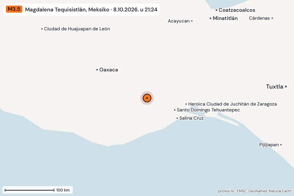 Karta: šire područje, 600 km, potres M3,5, Magdalena Tequisistlán, Meksiko, 8.10.2026.