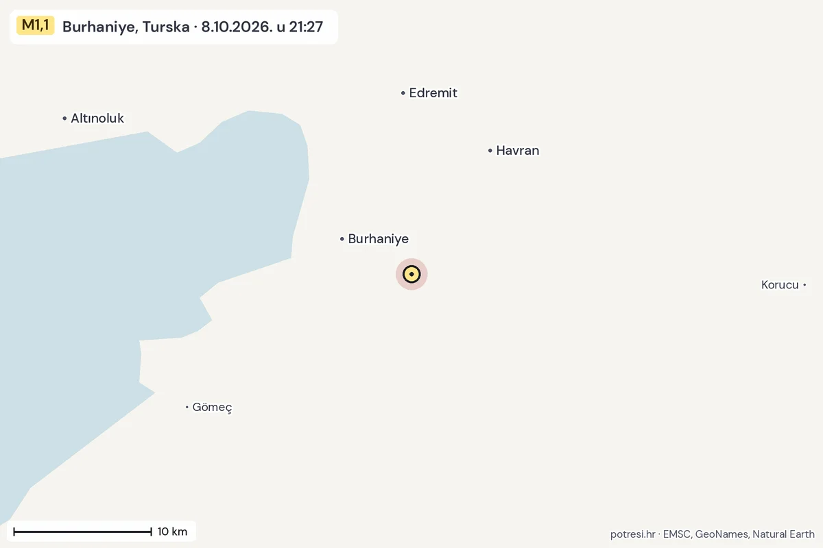 Karta: okolica epicentra, 60 km, potres M1,1, Burhaniye, Turska, 8.10.2026.