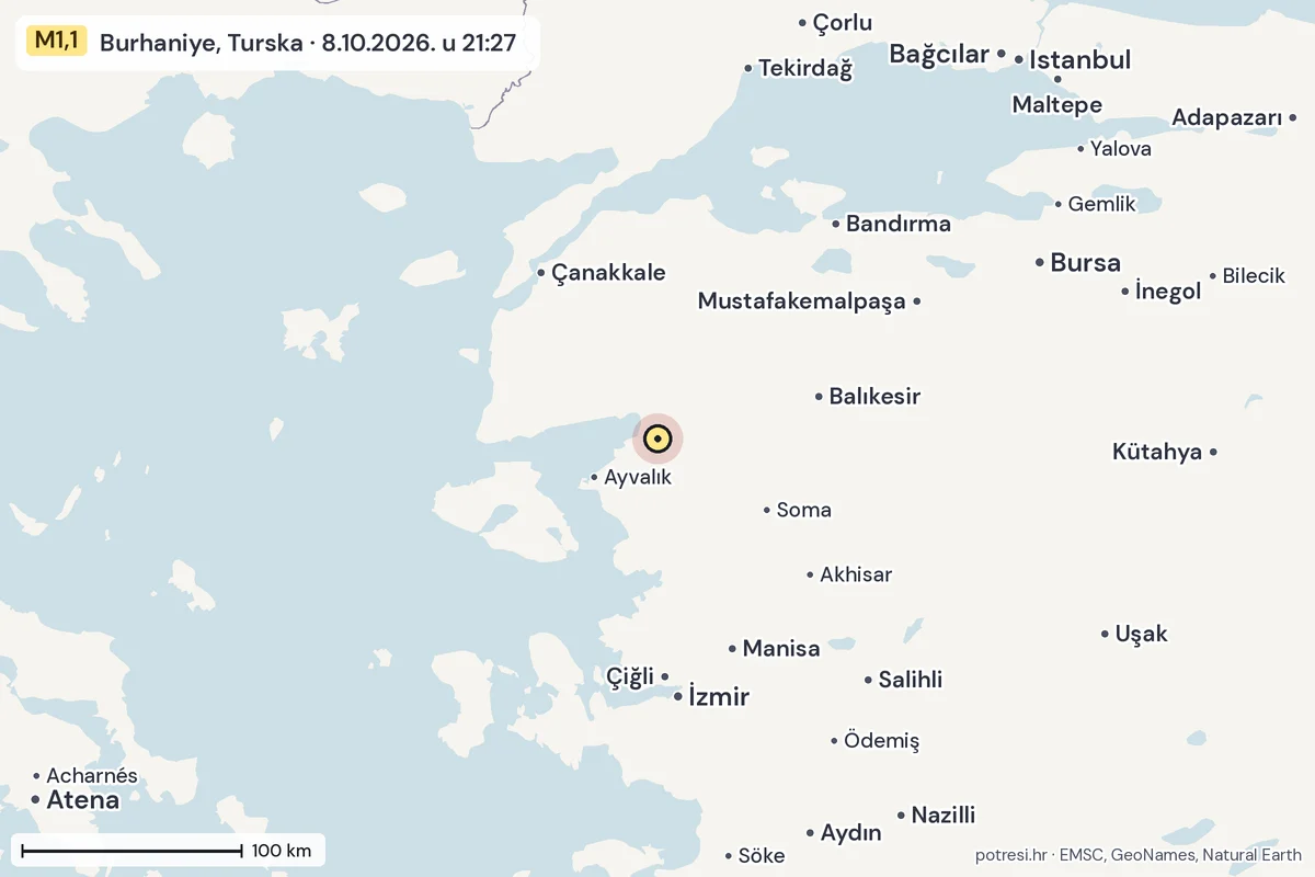 Karta: šire područje, 600 km, potres M1,1, Burhaniye, Turska, 8.10.2026.