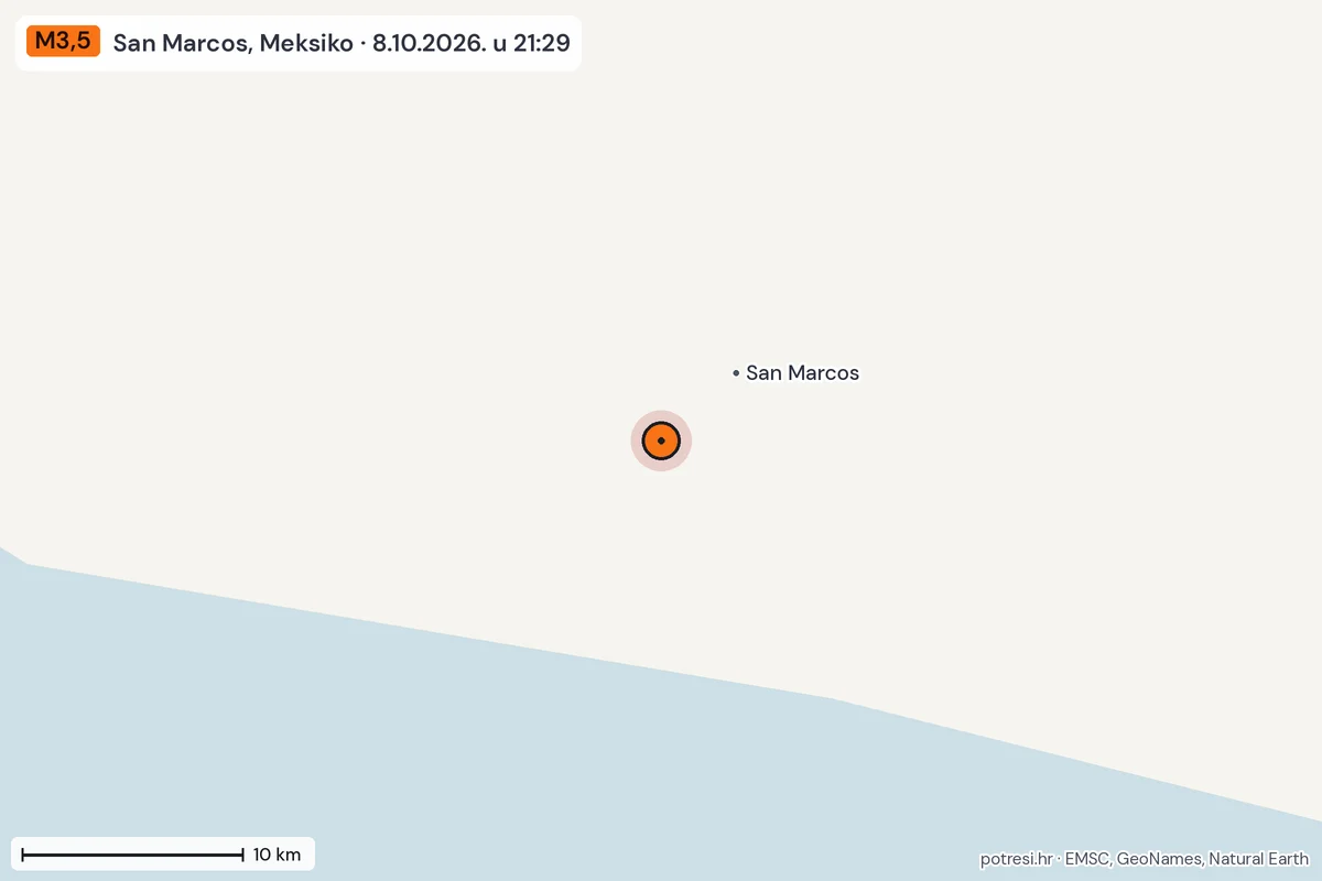 Karta: okolica epicentra, 60 km, potres M3,5, San Marcos, Meksiko, 8.10.2026.