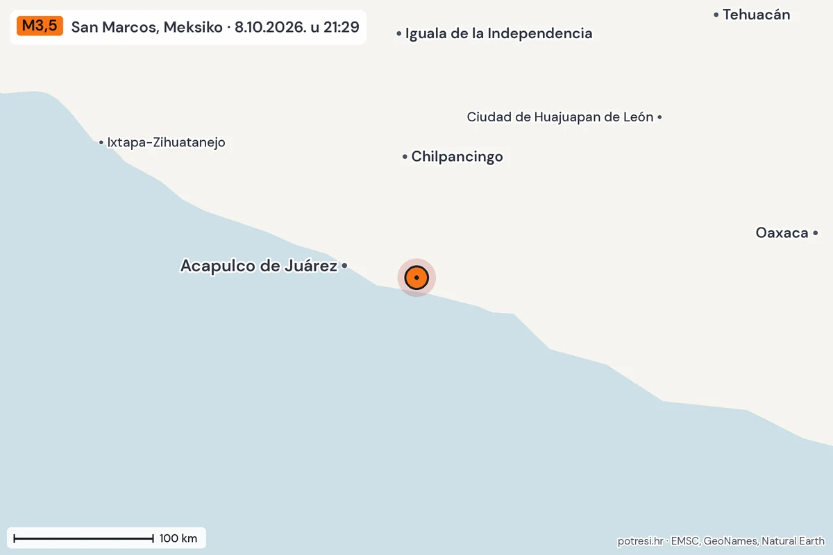 Karta: šire područje, 600 km, potres M3,5, San Marcos, Meksiko, 8.10.2026.