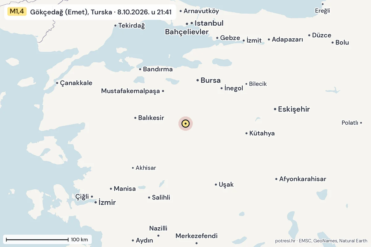 Karta: šire područje, 600 km, potres M1,4, Gökçedağ (Emet), Turska, 8.10.2026.