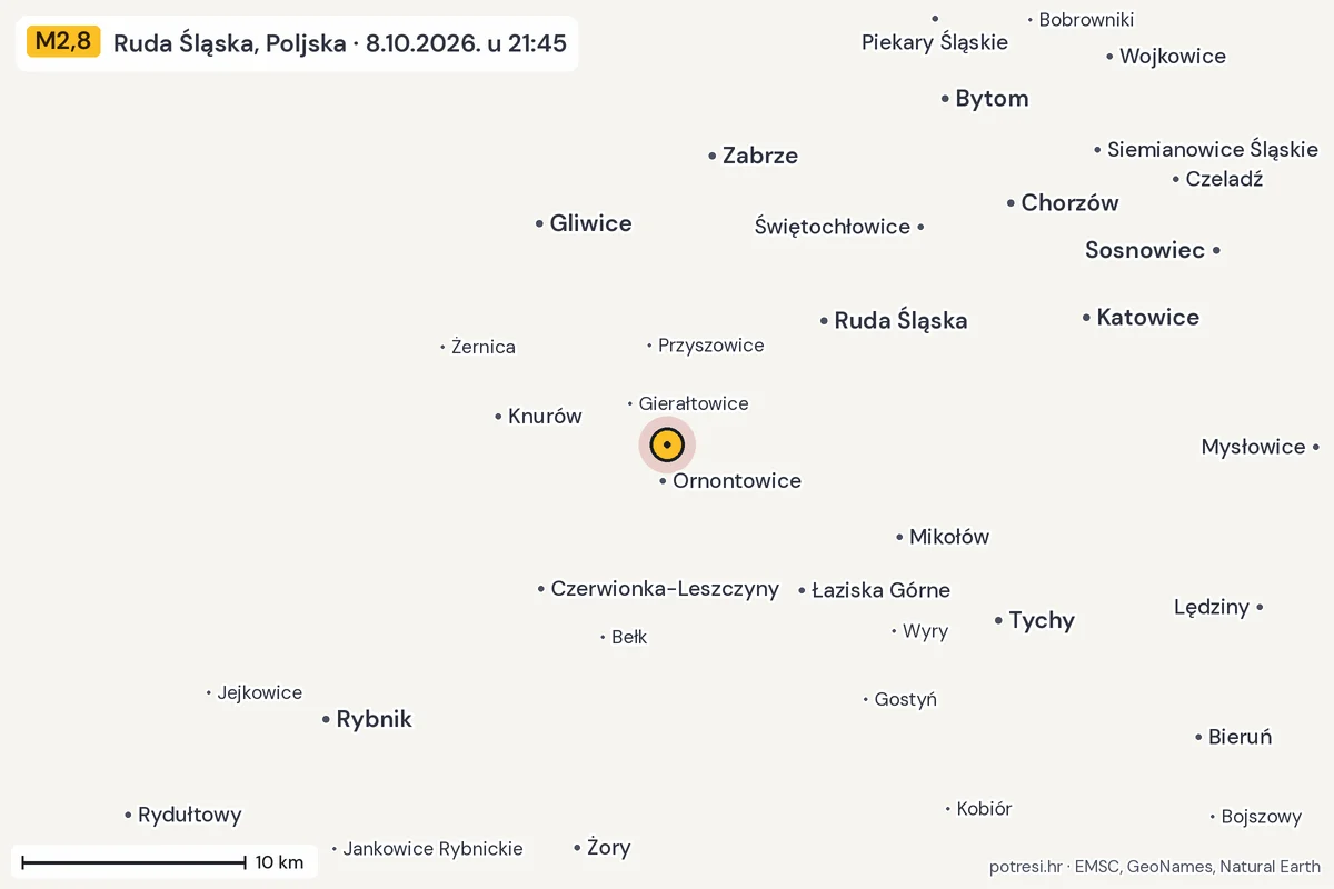 Karta: okolica epicentra, 60 km, potres M2,8, Ruda Śląska, Poljska, 8.10.2026.