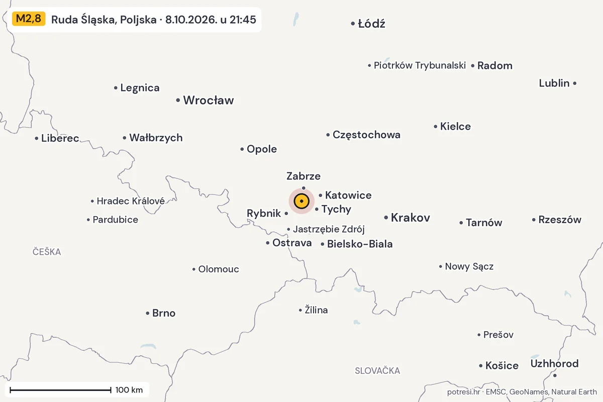 Karta: šire područje, 600 km, potres M2,8, Ruda Śląska, Poljska, 8.10.2026.