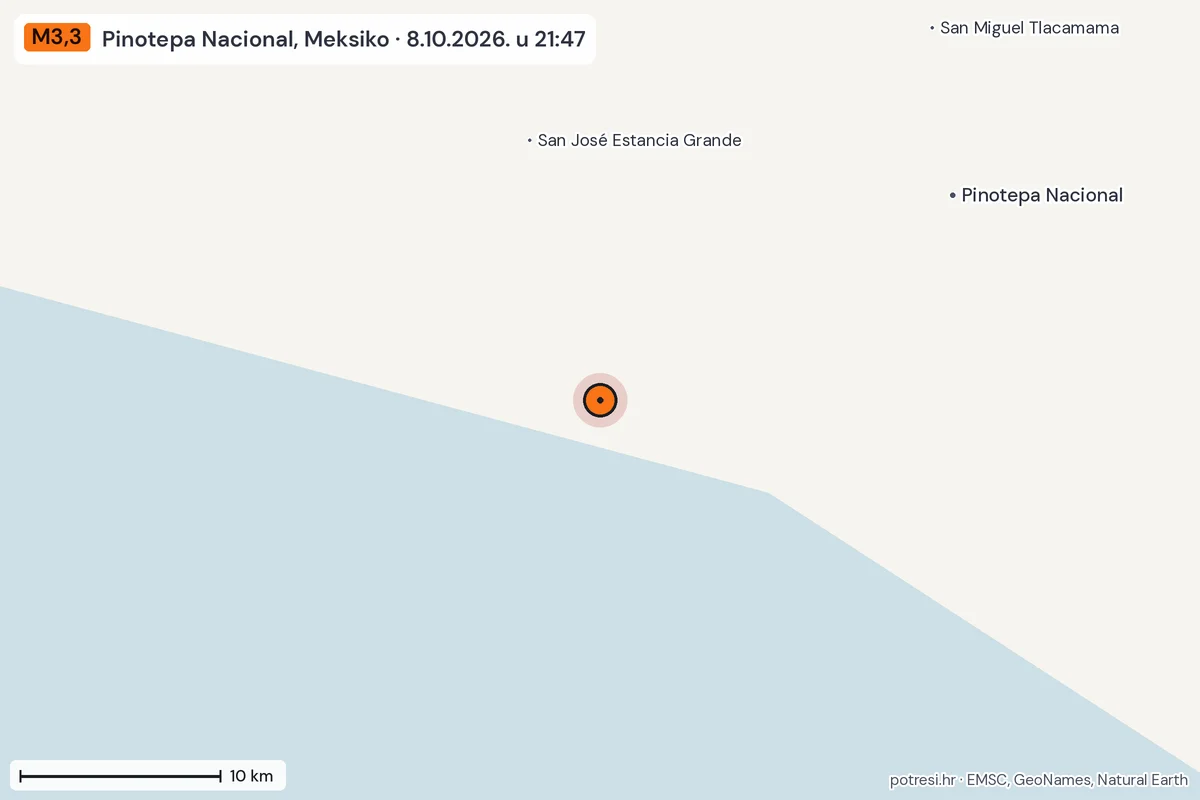 Karta: okolica epicentra, 60 km, potres M3,3, Pinotepa Nacional, Meksiko, 8.10.2026.