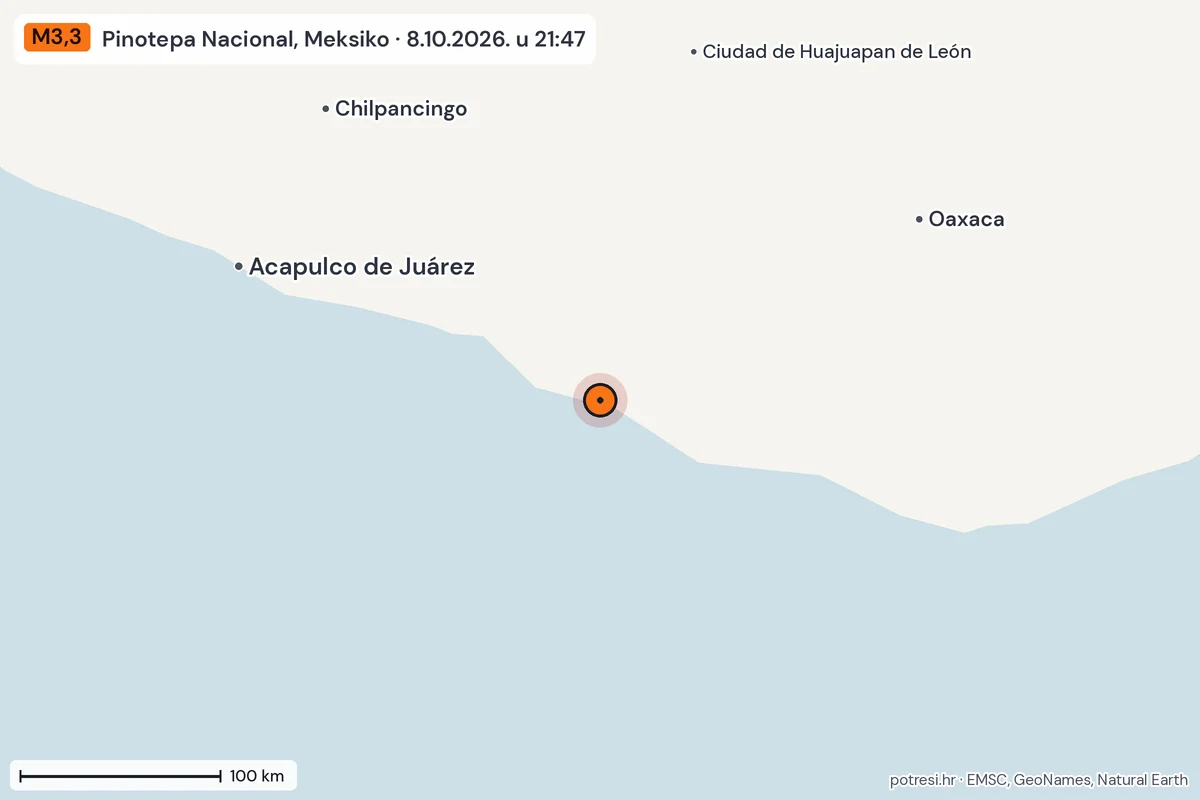Karta: šire područje, 600 km, potres M3,3, Pinotepa Nacional, Meksiko, 8.10.2026.